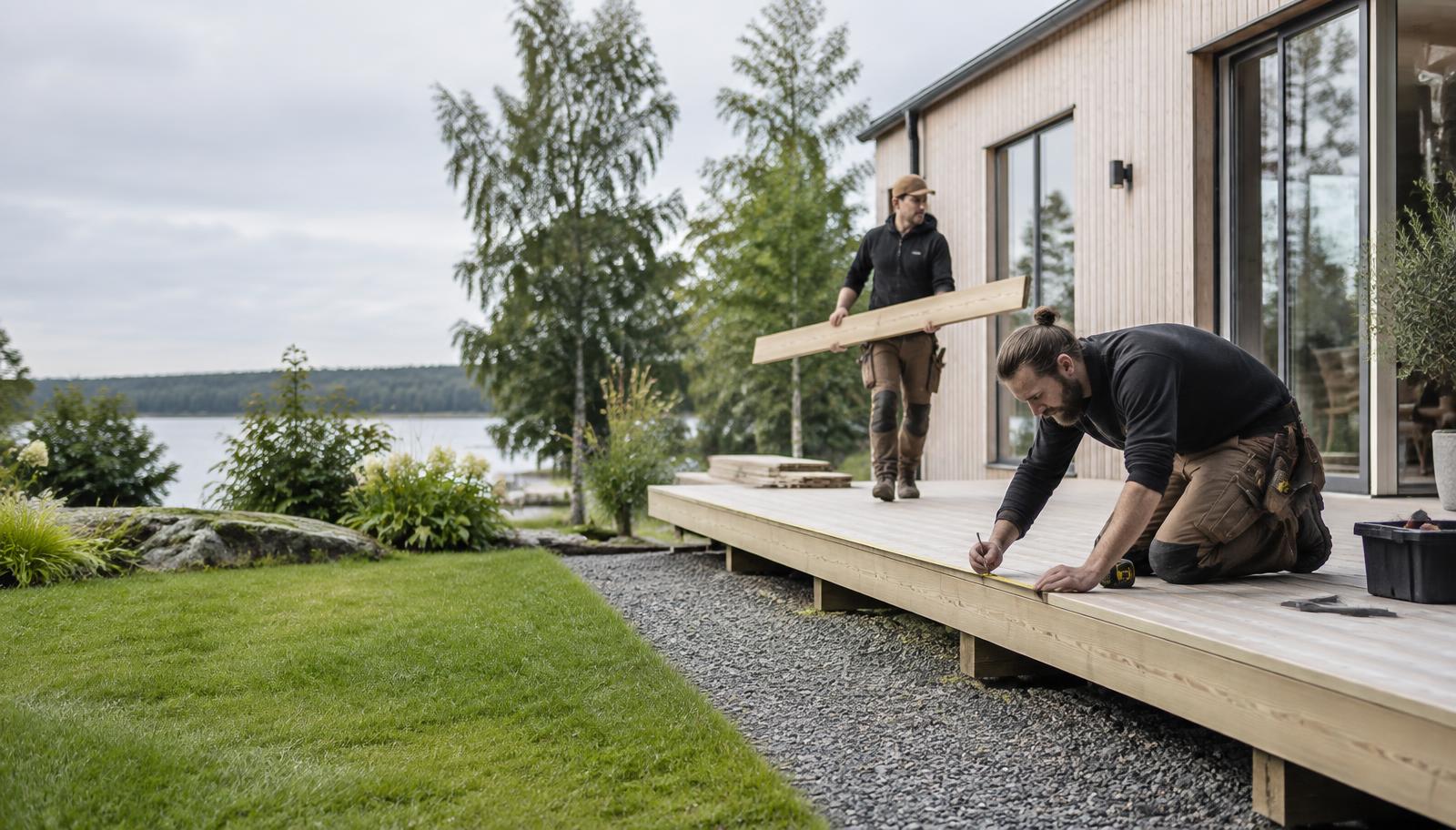 Hantverkare arbetar med ett trädäck vid ett hus